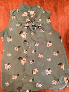 Rachel Zoe Sage Green Floral Tie-Bow Sleeveless Blouse